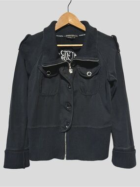 BCBGMAXAZRIA Black Y2K Goth Moto Track Jacket Rhinestone Logo Streetwear Luxe